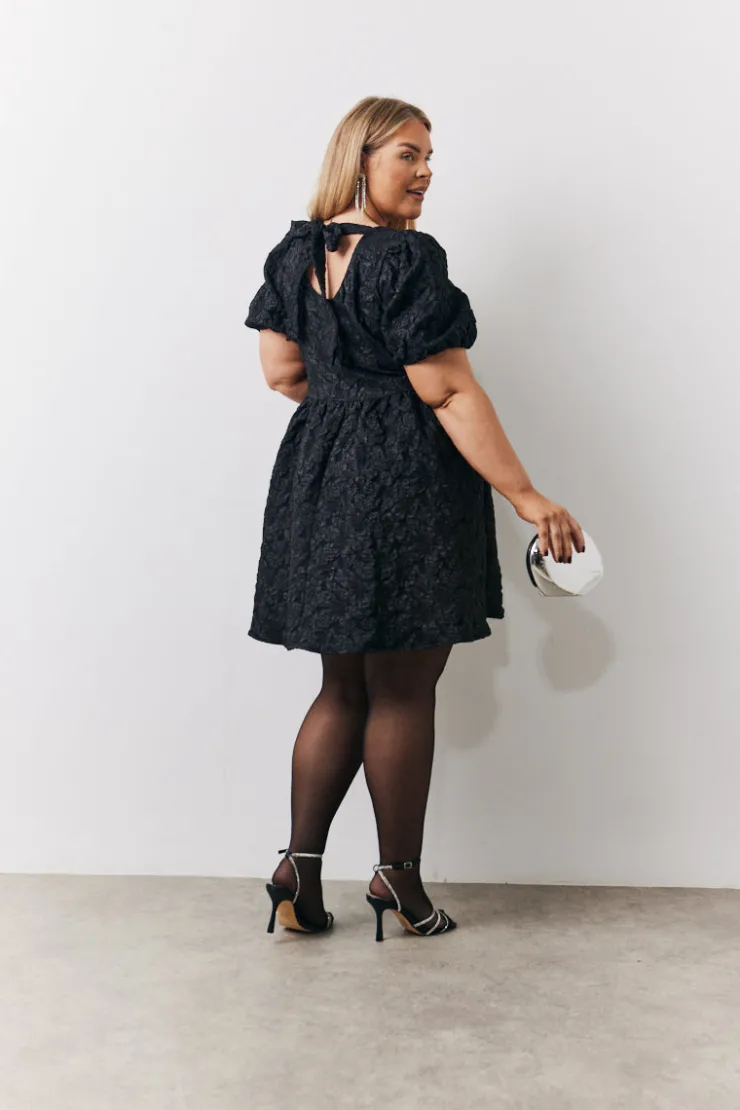Clearance In the Style Jacquard Bow Back Puff Sleeve Smock Dress Black