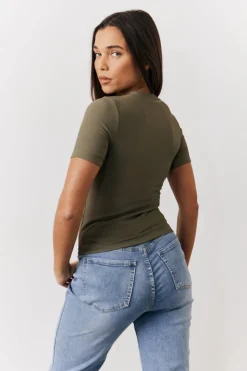 Clearance In The Style Ribbed Crew Neck Short Sleeve Top Khaki