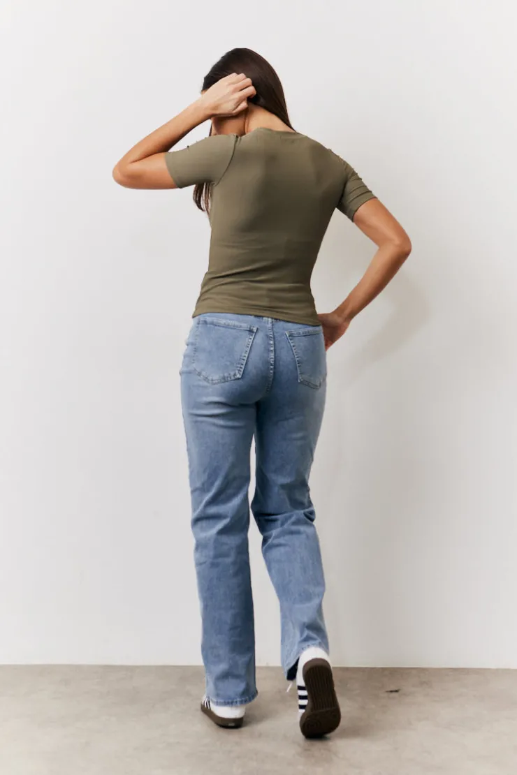 Clearance In The Style Ribbed Crew Neck Short Sleeve Top Khaki