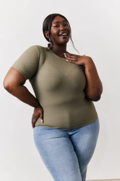 Clearance In The Style Ribbed Crew Neck Short Sleeve Top Khaki
