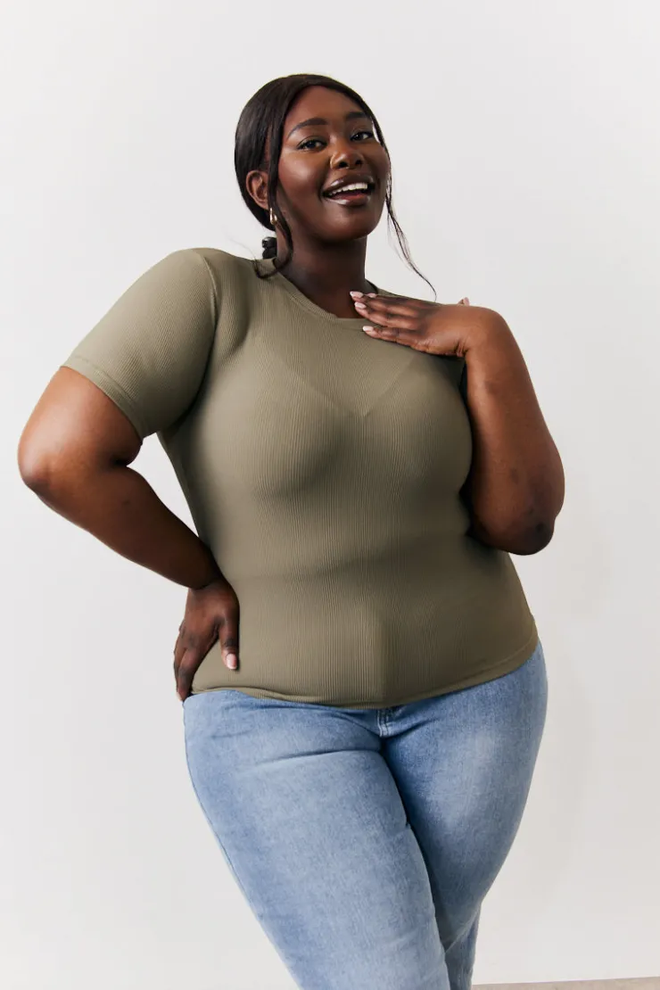 Clearance In The Style Ribbed Crew Neck Short Sleeve Top Khaki