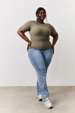 Clearance In The Style Ribbed Crew Neck Short Sleeve Top Khaki