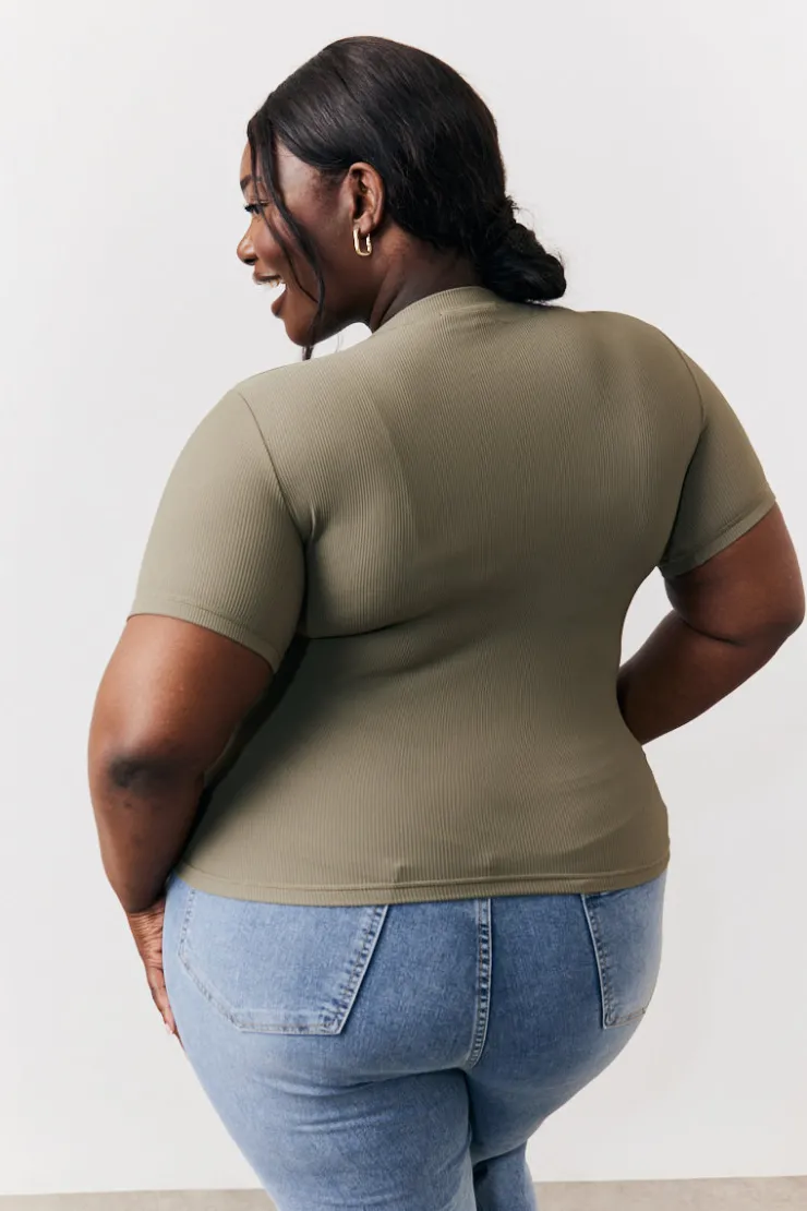 Clearance In The Style Ribbed Crew Neck Short Sleeve Top Khaki