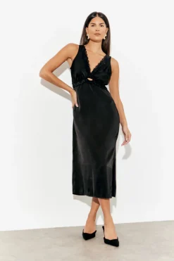 Online In The Style Lace Trim Satin Midi Dress Black