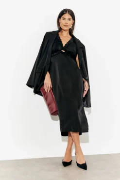 Online In The Style Lace Trim Satin Midi Dress Black