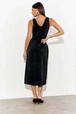 Online In The Style Lace Trim Satin Midi Dress Black