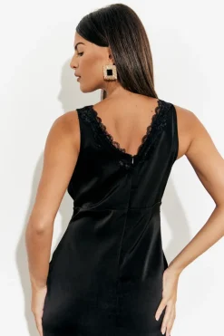 Online In The Style Lace Trim Satin Midi Dress Black
