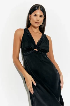 Online In The Style Lace Trim Satin Midi Dress Black