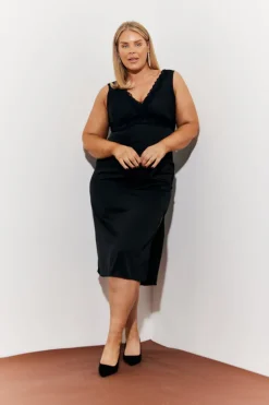 Online In The Style Lace Trim Satin Midi Dress Black