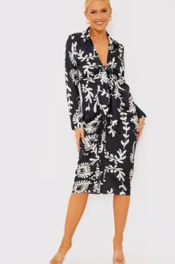 Hot Terrie Mcevoy Leaf Print Plunge Tie Front Midi Shirt Dress Black