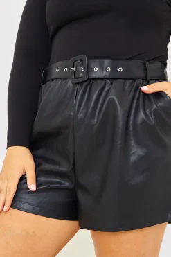 Outlet In the Style Leather Look Belted Shorts Black