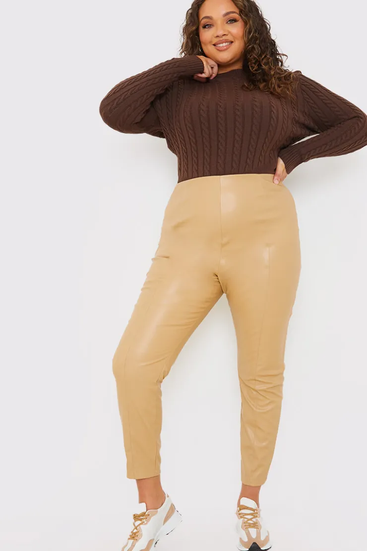 In the Style Leather Look Leggings With Elasticated Waist Sand