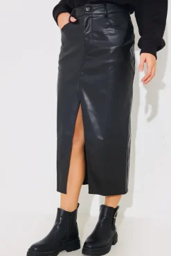 Best In the Style Leather Look Split Front Midi Skirt Black