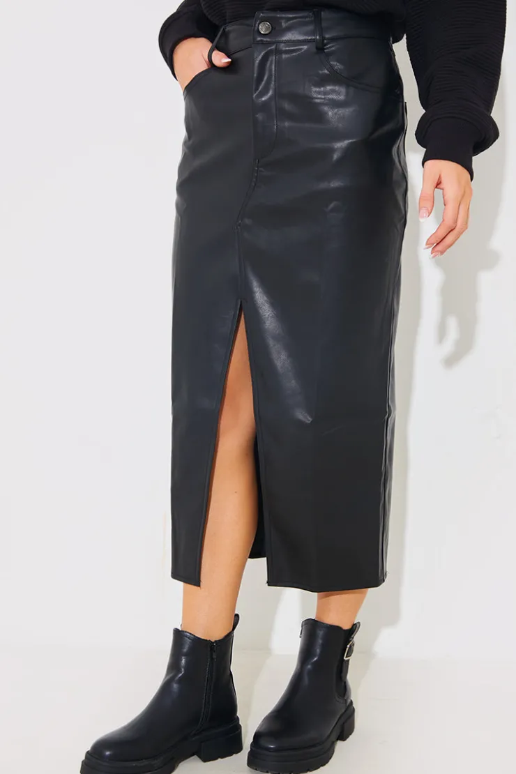 Best In the Style Leather Look Split Front Midi Skirt Black