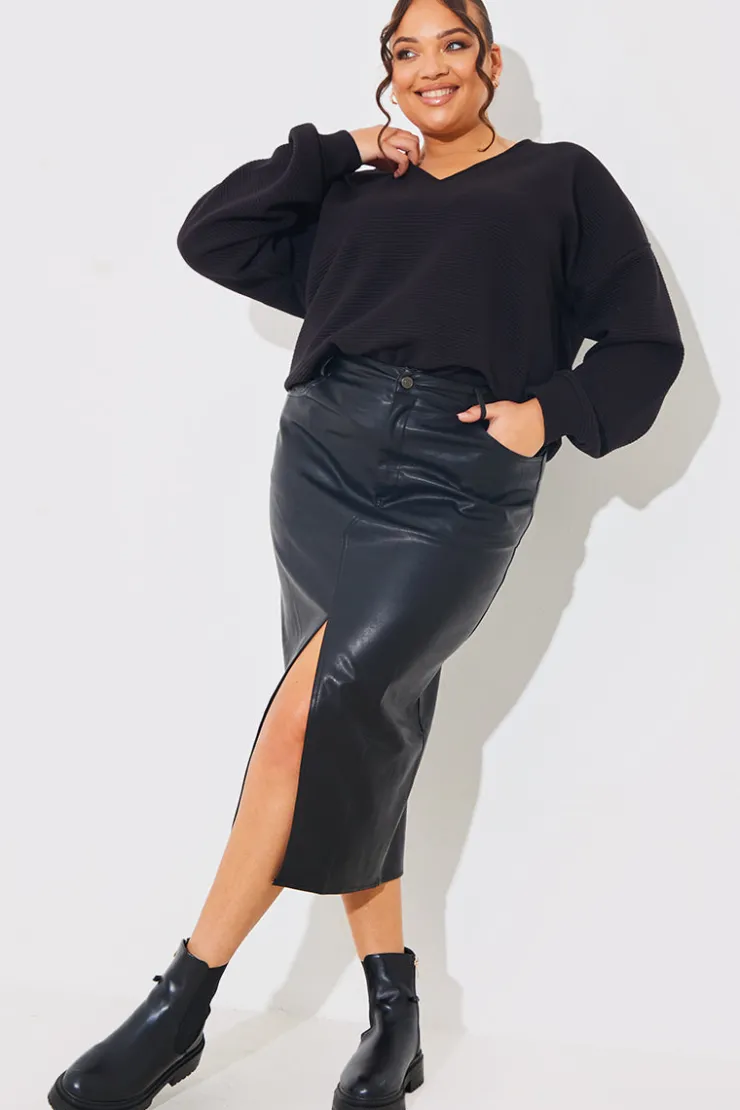 Best In the Style Leather Look Split Front Midi Skirt Black