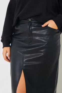 Best In the Style Leather Look Split Front Midi Skirt Black