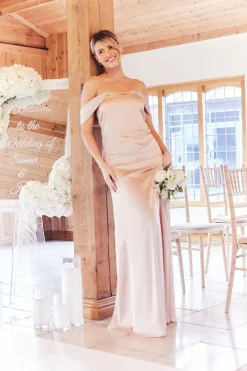 Hot In The Style Light Gold Satin Bardot Ruched Maxi Dress Nude