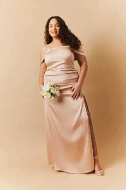 Hot In The Style Light Gold Satin Bardot Ruched Maxi Dress Nude