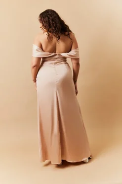 Hot In The Style Light Gold Satin Bardot Ruched Maxi Dress Nude