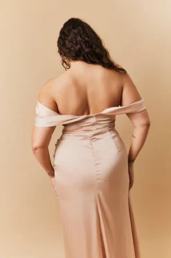 Hot In The Style Light Gold Satin Bardot Ruched Maxi Dress Nude