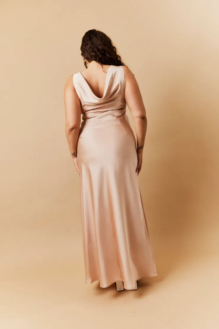 Best In The Style Light Gold Satin Cowl Back Maxi Dress Nude