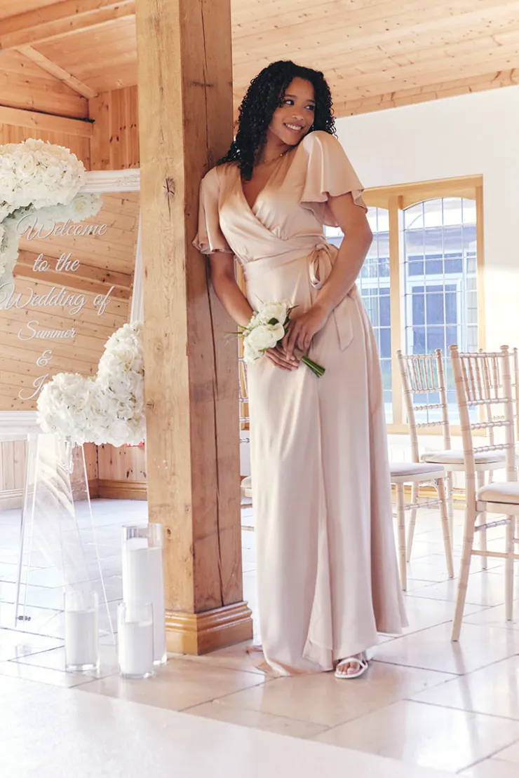 Sale In The Style Light Gold Satin Wrap Tie Angel Sleeve Maxi Dress Nude