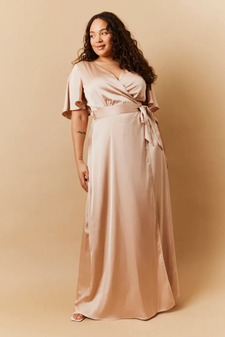 Sale In The Style Light Gold Satin Wrap Tie Angel Sleeve Maxi Dress Nude