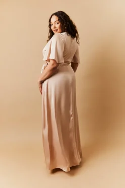 Sale In The Style Light Gold Satin Wrap Tie Angel Sleeve Maxi Dress Nude