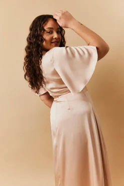 Sale In The Style Light Gold Satin Wrap Tie Angel Sleeve Maxi Dress Nude
