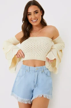 Online In the Style Light Wash Flared Denim Shorts Blue