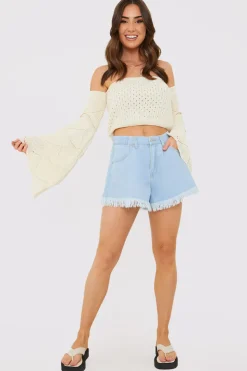 Online In the Style Light Wash Flared Denim Shorts Blue