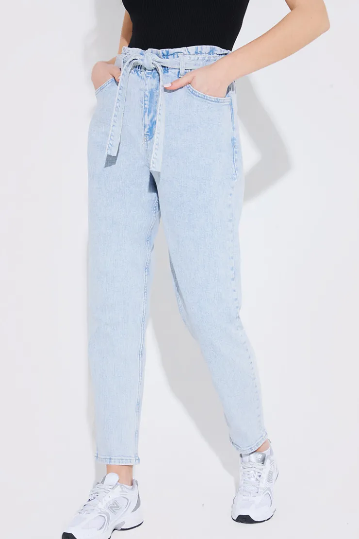 Best Fits Light Wash Paperbag Tie Waist Jeans Blue