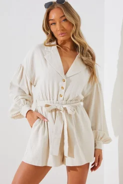 Clearance In the Style Linen Blend Belted Playsuit Stone