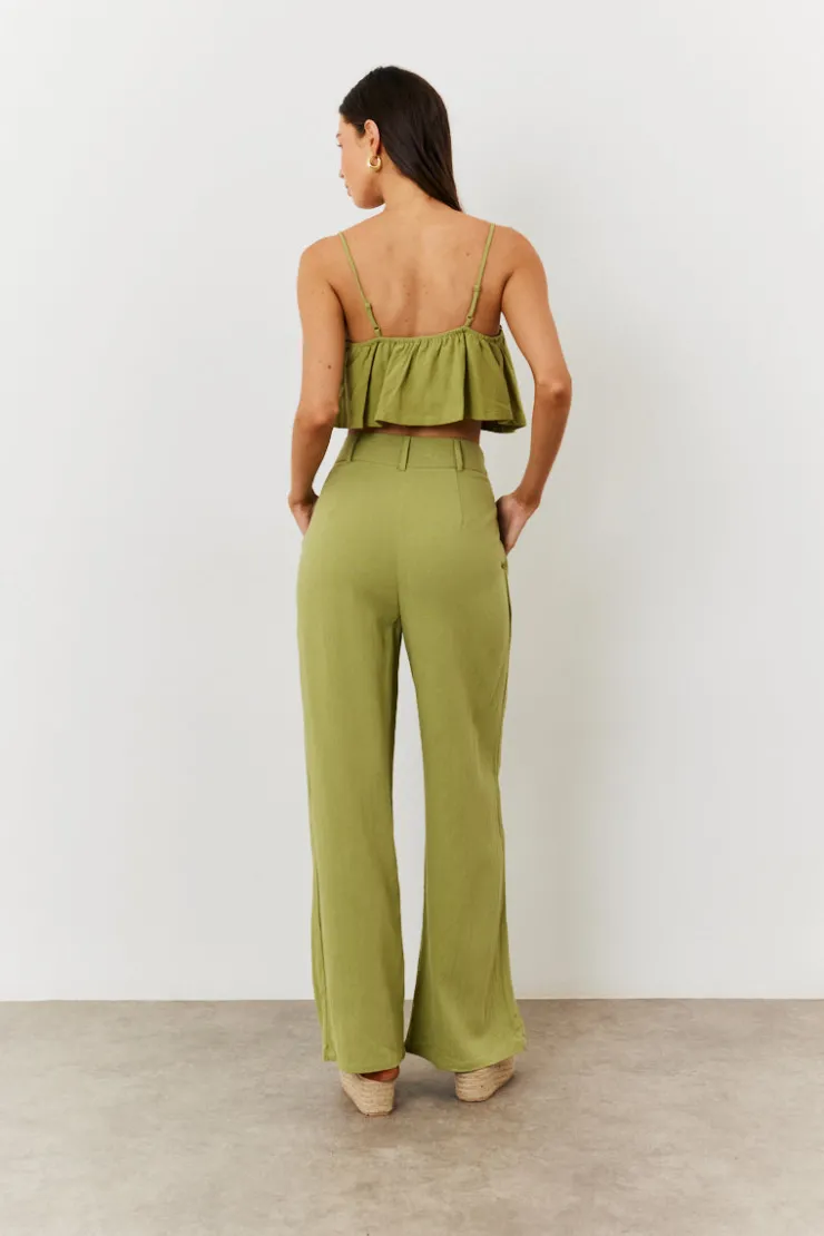 Hot In the Style Linen Crop Top Green