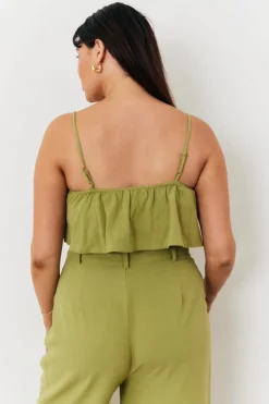 Hot In the Style Linen Crop Top Green