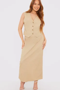 Outlet In the Style Linen Look Button Through Co-Ord Waistcoat Sand