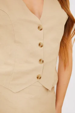 Outlet In the Style Linen Look Button Through Co-Ord Waistcoat Sand