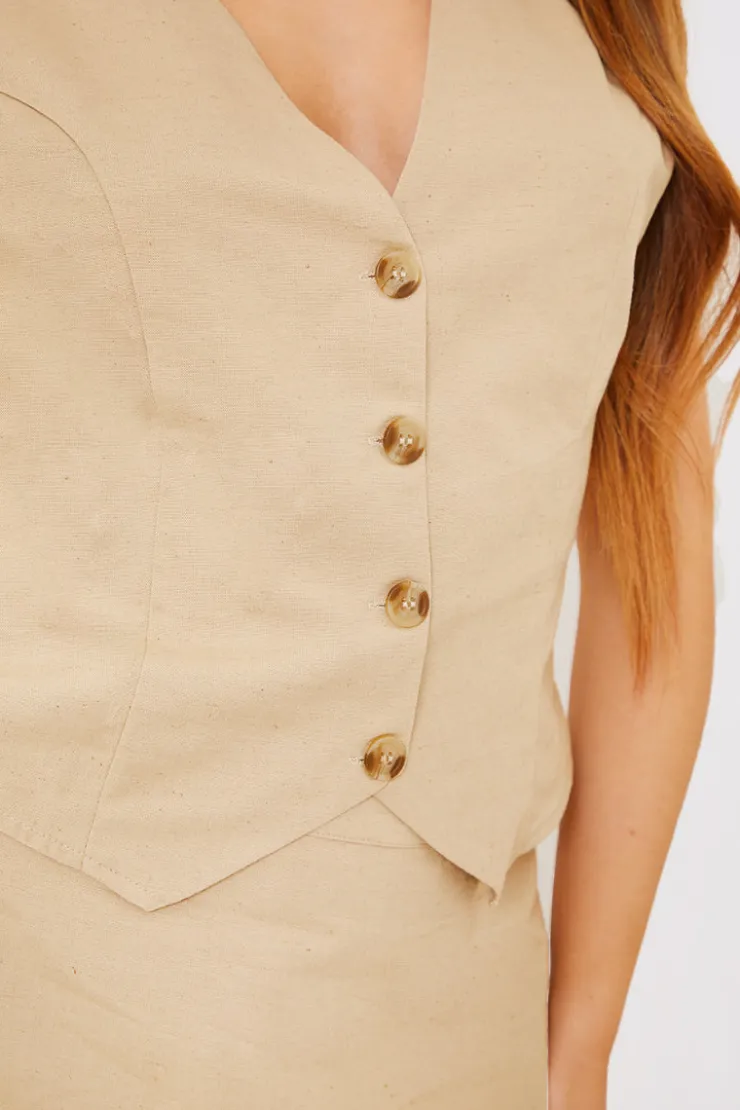 Outlet In the Style Linen Look Button Through Co-Ord Waistcoat Sand