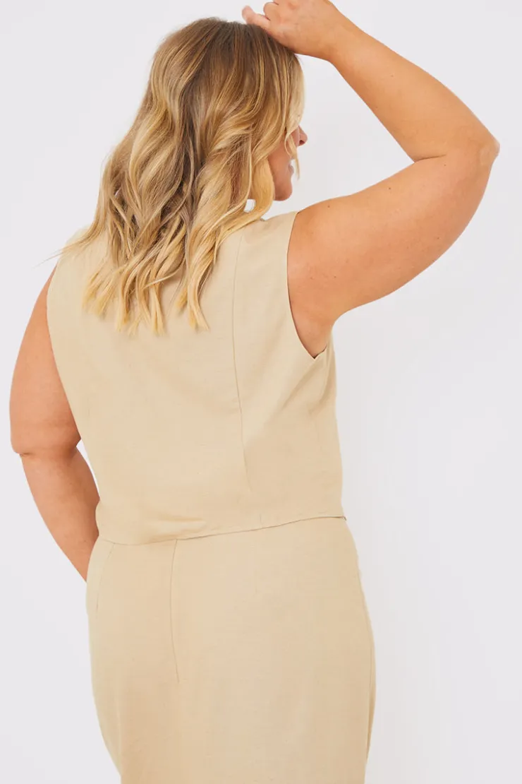 Outlet In the Style Linen Look Button Through Co-Ord Waistcoat Sand