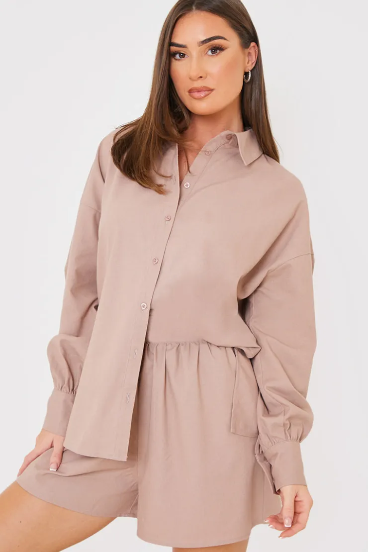 Best In the Style Linen Look Long Sleeve Co-Ord Shirt Mocha