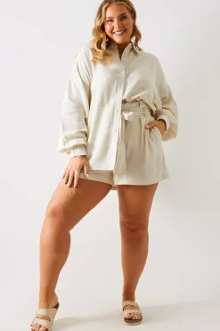 Best In The Style Linen Look Tie Waist Shorts Stone
