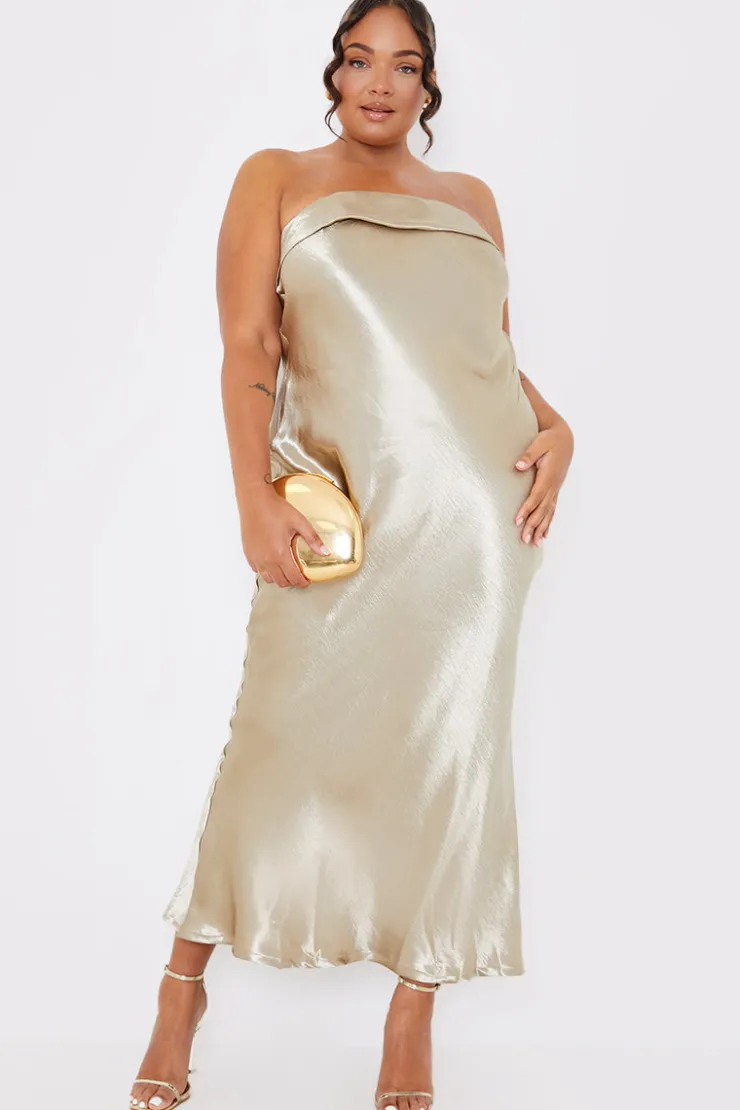 New In the Style Liquid Satin Bandeau Cut Out Back Maxi Dress Gold