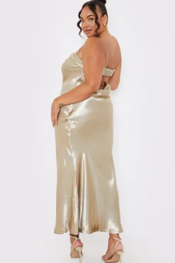 New In the Style Liquid Satin Bandeau Cut Out Back Maxi Dress Gold