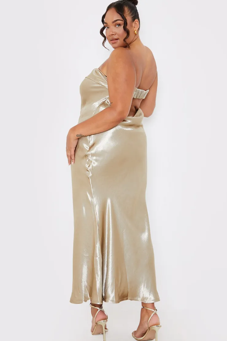 New In the Style Liquid Satin Bandeau Cut Out Back Maxi Dress Gold