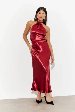 In The Style Liquid Satin Halterneck Cowl Back Midaxi Dress Burgundy