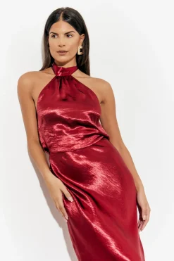 In The Style Liquid Satin Halterneck Cowl Back Midaxi Dress Burgundy