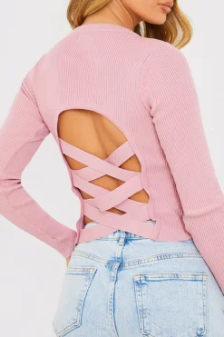 Best In the Style Long Sleeve Lace Back Crop Top Pink