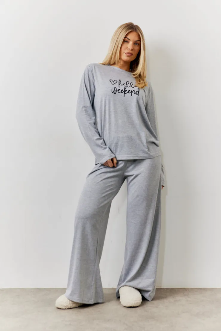 Discount In The Style Long Sleeve Top and Trouser Slogan PJ Set Grey