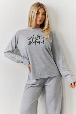 Discount In The Style Long Sleeve Top and Trouser Slogan PJ Set Grey