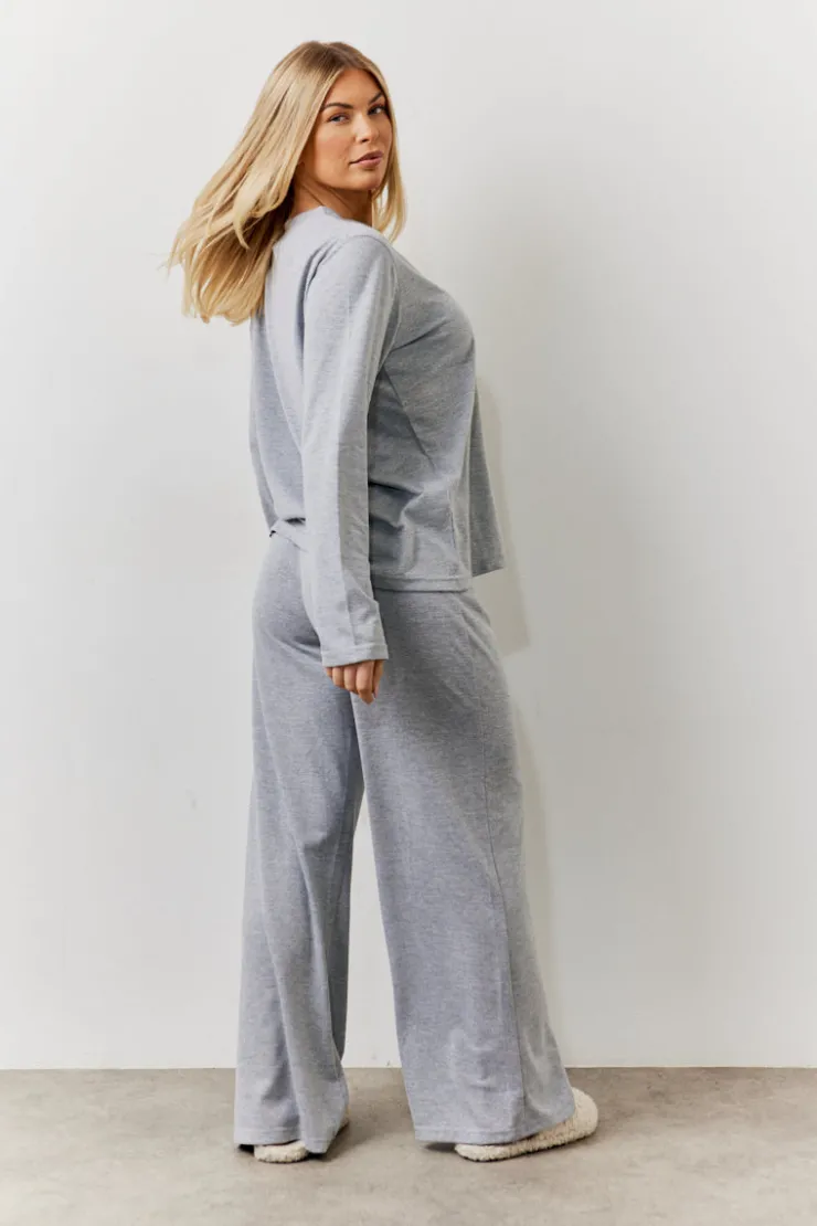 Discount In The Style Long Sleeve Top and Trouser Slogan PJ Set Grey